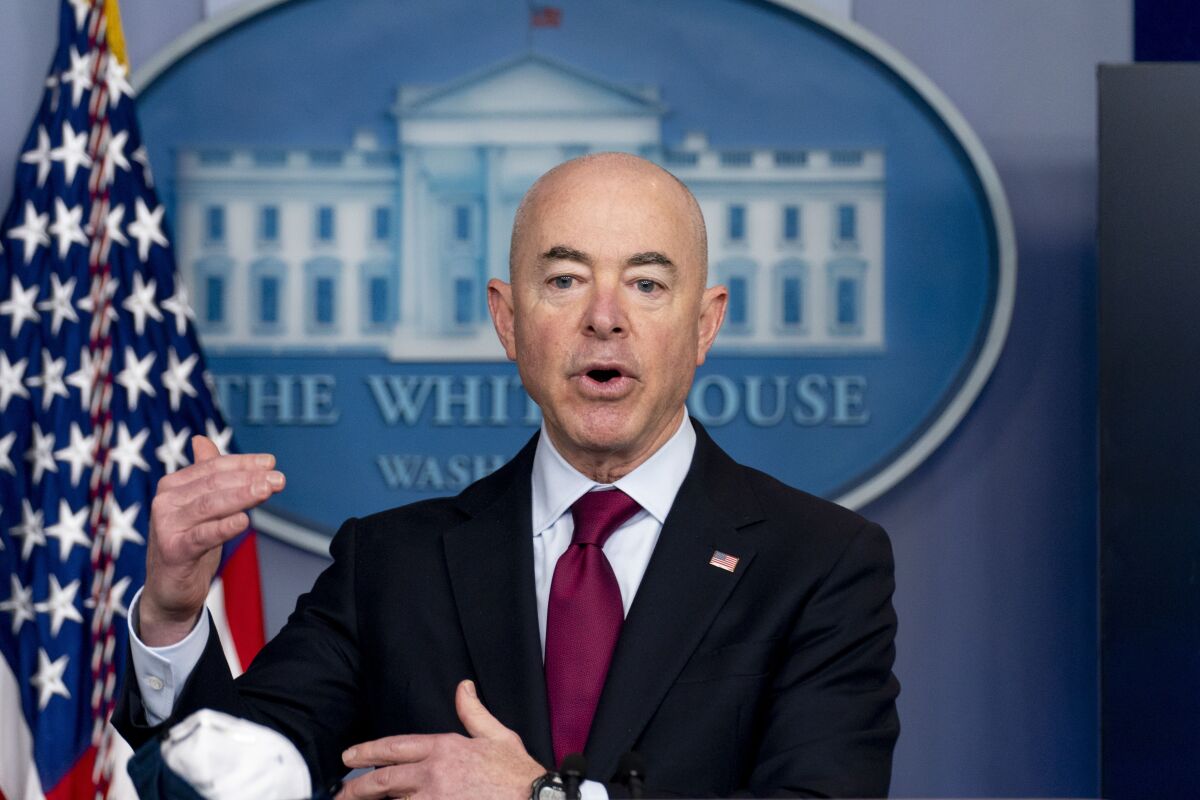 Homeland Security Secretary Alejandro Mayorkas speaks during a news conference at the White House.