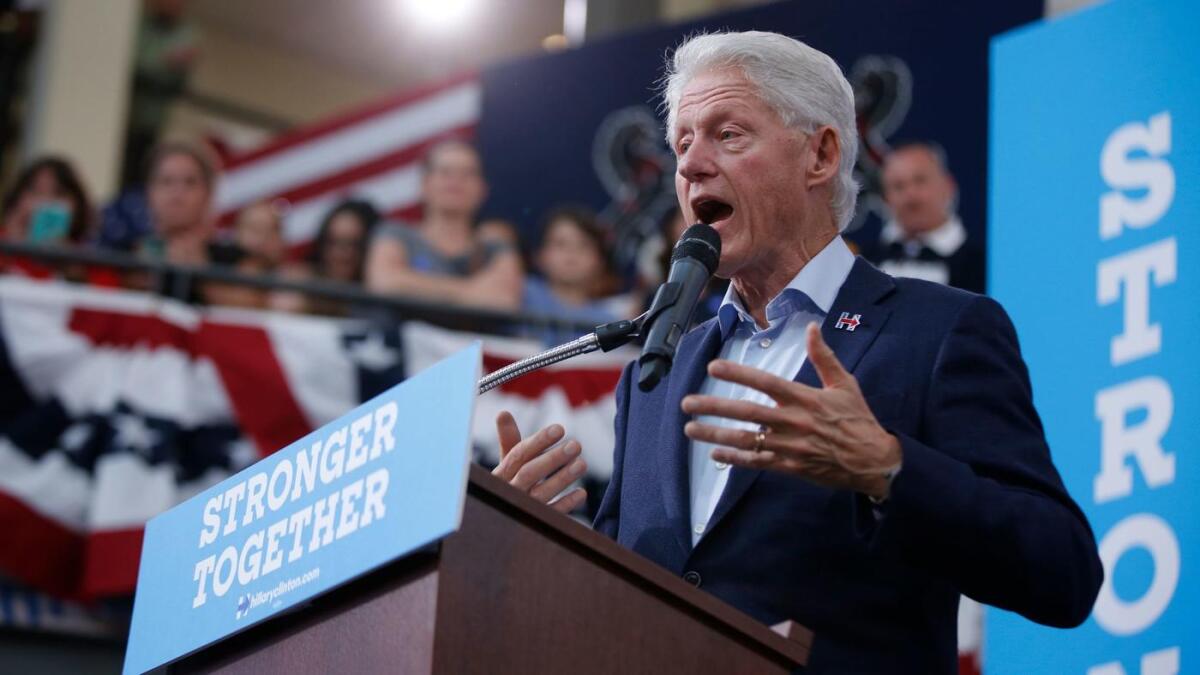 Former President Bill Clinton campaigns for his wife, Hillary Clinton, in Blue Bell, Pa., last week.
