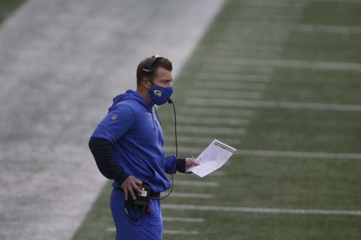 Rams coach Sean McVay looks on against the Seattle Seahawks during their NFL wild-card playoff football game.