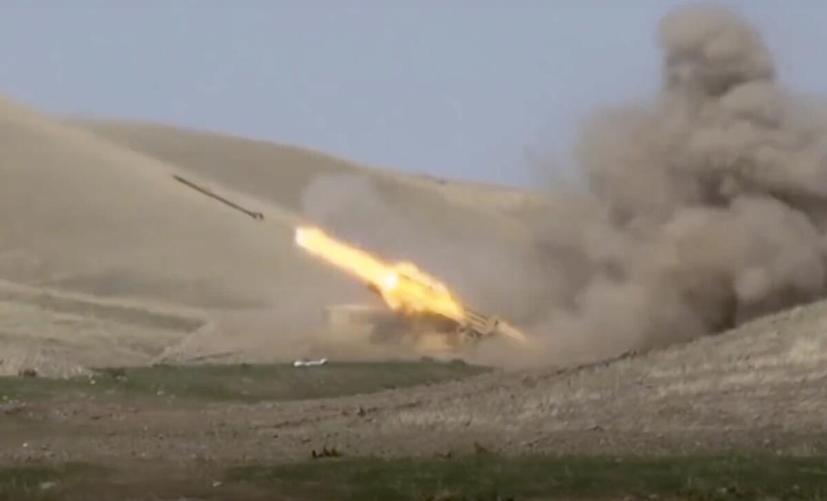 An Azerbaijani rocket is launched near the border of the disputed Nagorno-Karabakh region.