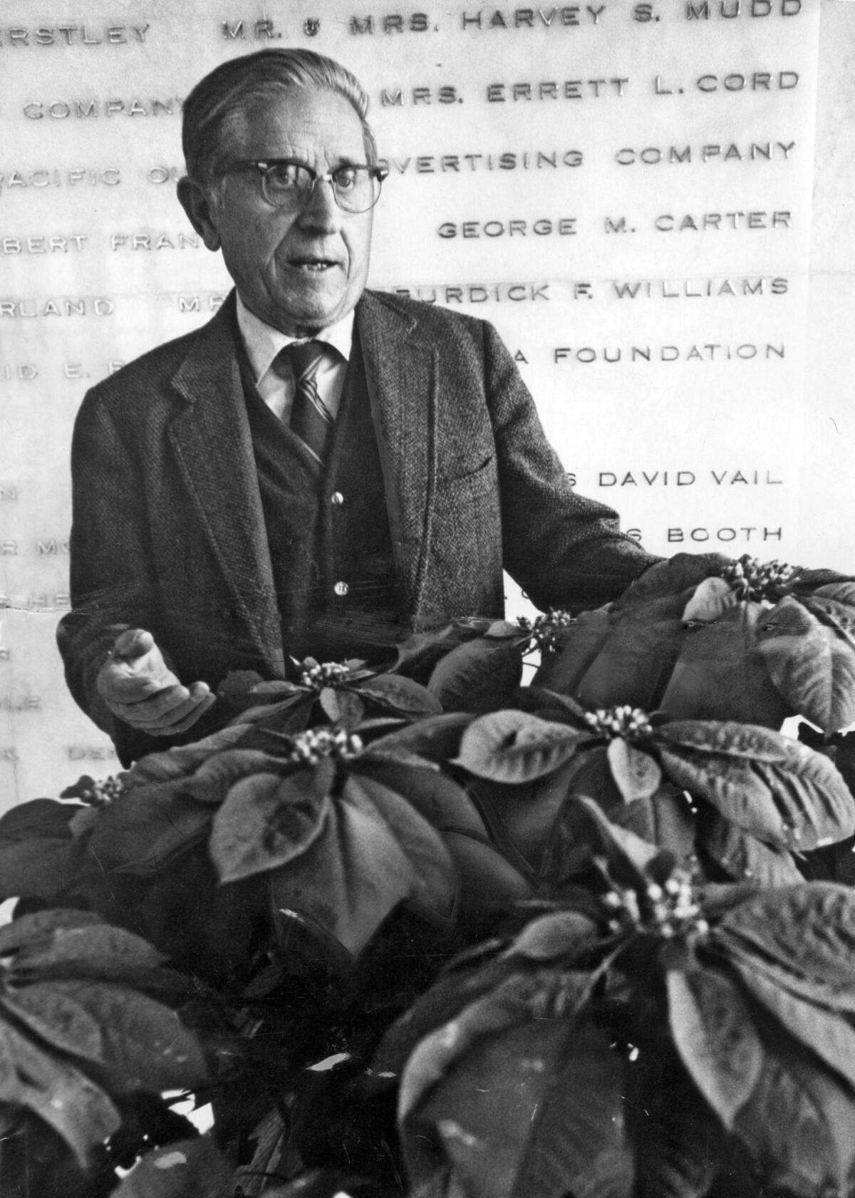 Paul Ecke Sr. in 1971, with a sample of new poinsettias he developed.