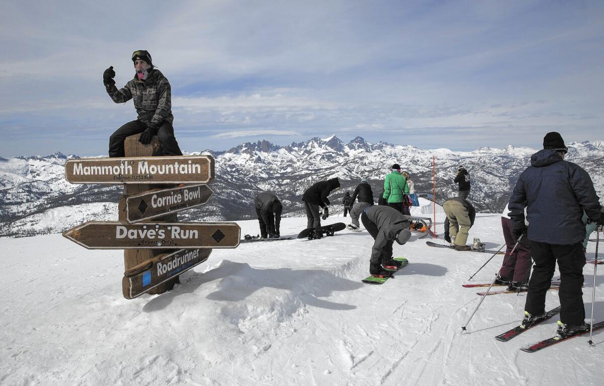 Skiers and snowboarders at Mammoth Mountain. 