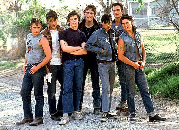 Patrick Swayze is shown with other cast members of the 1983 Warner Bros. film "The Outsiders," directed by Francis Ford Coppola. From left are Emilio Estevez, Rob Lowe, C. Thomas Howell, Matt Dillon, Ralph Macchio, Swayze and Tom Cruise.