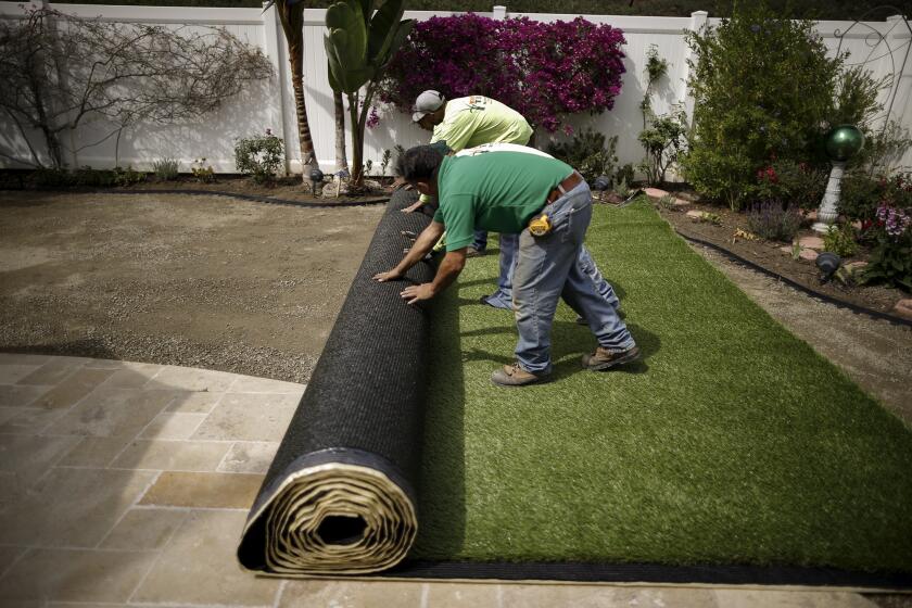 Trabajadores extienden un césped artificial después de desenterrar un césped debido a la sequía, en una casa en Laguna Niguel en 2015. Foto de Lucy Nicholson, Reuters