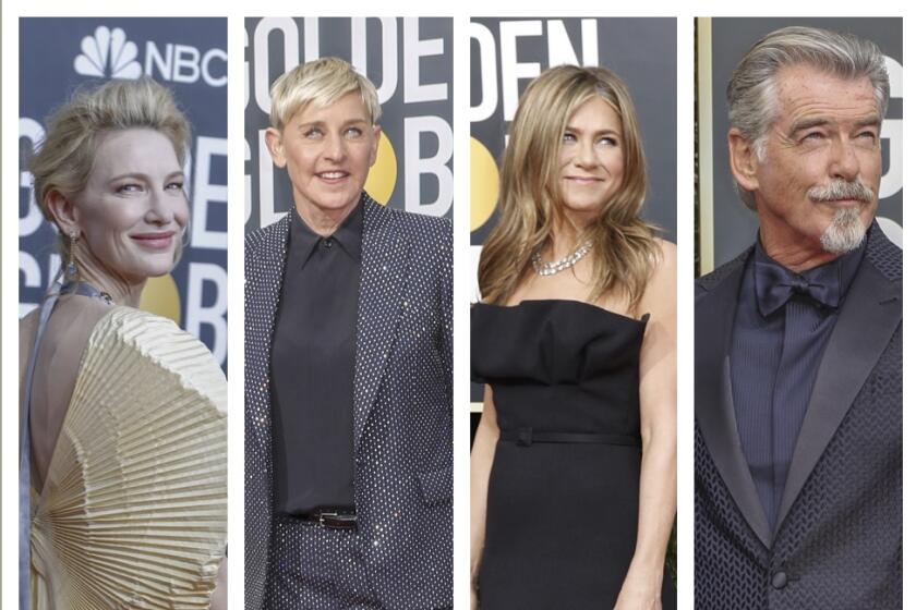 From left, Cate Blanchett, Ellen DeGeneres, jennifer Aniston and Pierce Brosnan all brought up the bush fires burning a swath through Australia at Sunday night's Golden Globes.