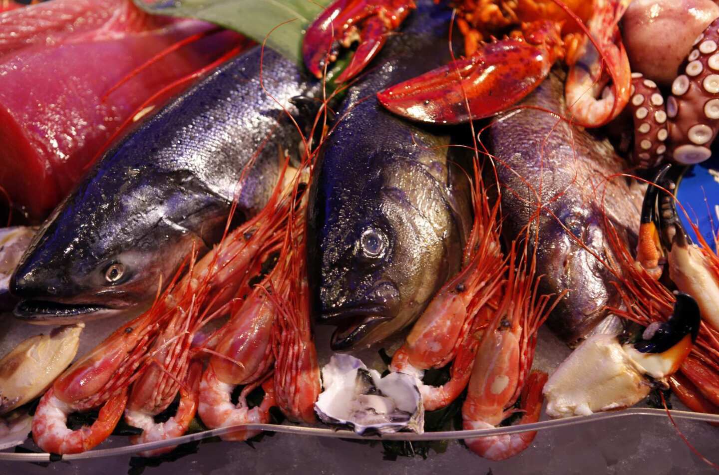 A seafood and sushi buffet included prawns, lobster, stone crab and oysters.