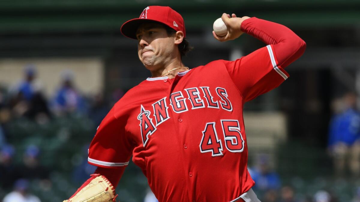Angels starting pitcher Tyler Skaggs delivers during Friday's game against the Chicago Cubs.