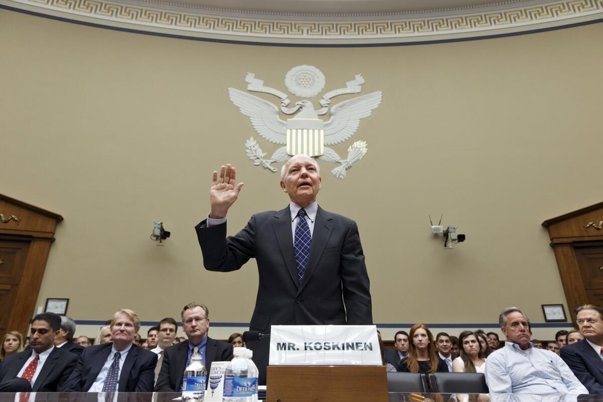 Internal Revenue Service Commissioner John Koskinen is sworn in before the House Oversight Committee, which is investigating whether tea party groups were improperly targeted for increased scrutiny by the agency.