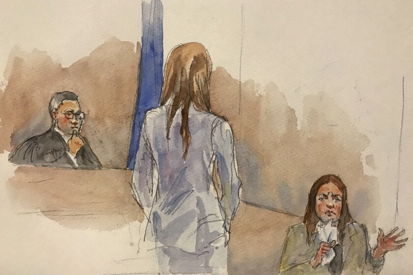 In a courtroom sketch, Manhattan Supreme Court Judge James Burke, left, listens as Mimi Haleyi, right, testifies Monday in the Harvey Weinstein sexual assault trial under questioning by Assistant Dist. Atty. Megan Hast.