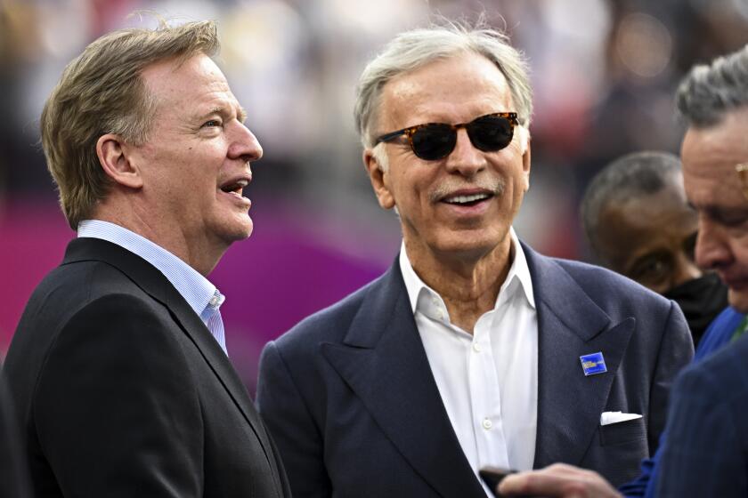 Inglewood, CA - February 13: NFL Commissioner Roger Goodell, left, stands with Rams owner Stan Kroenke before the Super Bowl at SoFi Stadium against the Cincinnati Bengals on Sunday, Feb. 13, 2022 in Inglewood, CA.(Wally Skalij / Los Angeles Times)