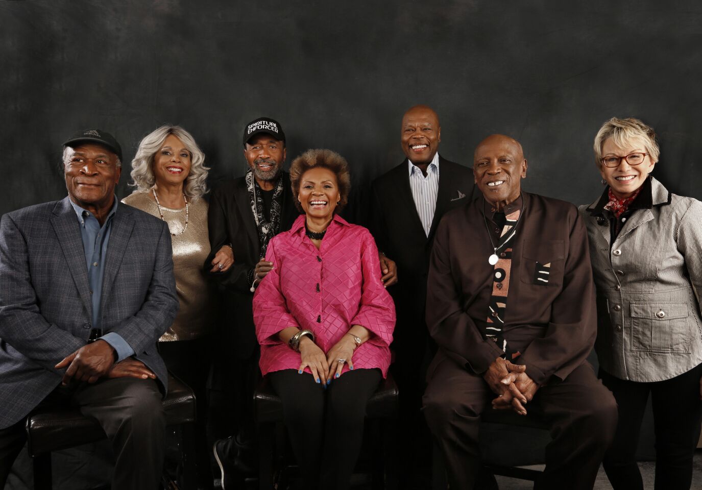 Now: The original members of the TV show "Roots," pictured on May 11, 2016: John Amos, left, Lynne Moody, Ben Vereen, Leslie Uggams, Georg Stanford Brown, Louis Gossett Jr., Sandy Duncan. Here are some photos from their roles in 1977 and now.