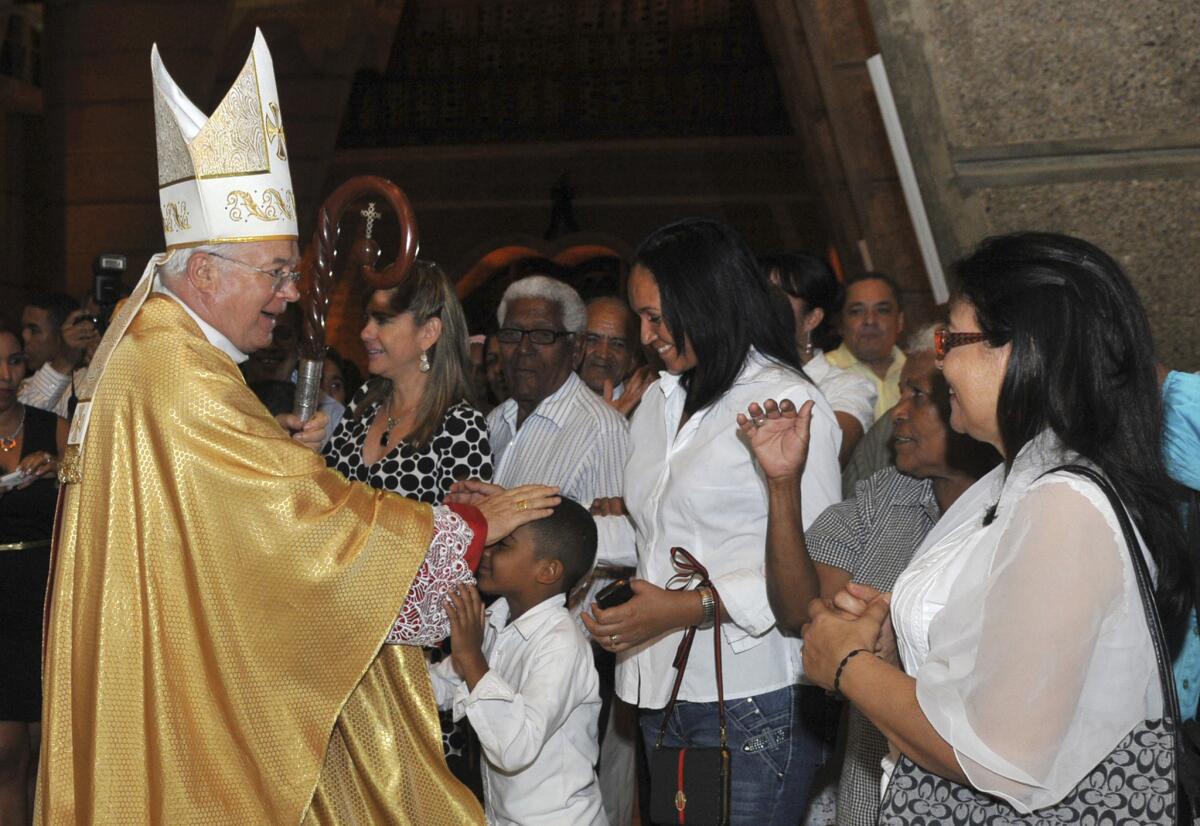 Archbishop Jozef Wesolowski greets people after a Mass in Santo Domingo, Dominican Republic, in March 2013.
