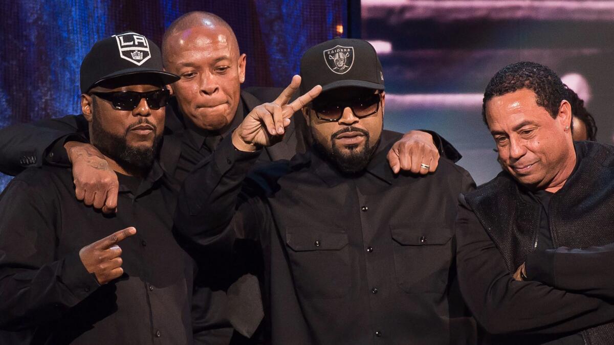 Inductees to the Rock and Roll Hall of Fame in 2016, from left: MC Ren, Dr. Dre, Ice Cube and DJ Yella