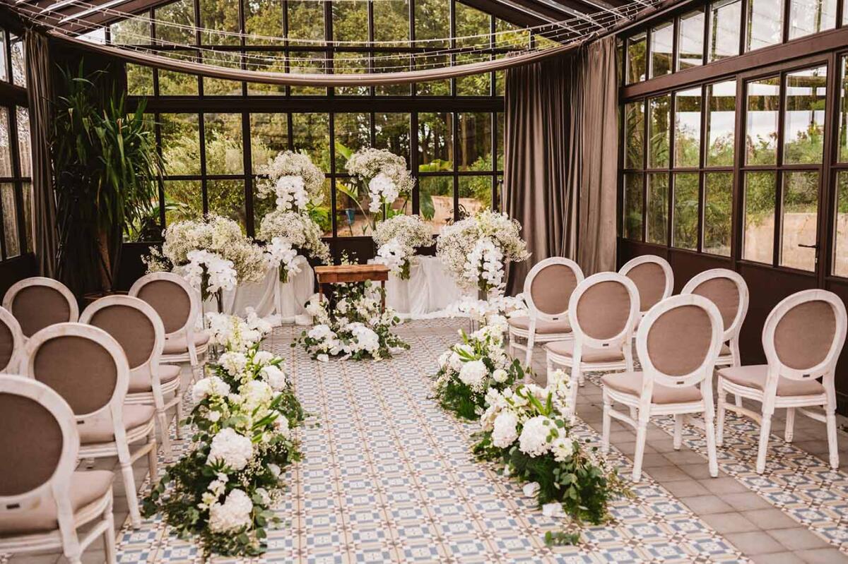 An indoor wedding ceremony setup at San Canzian.