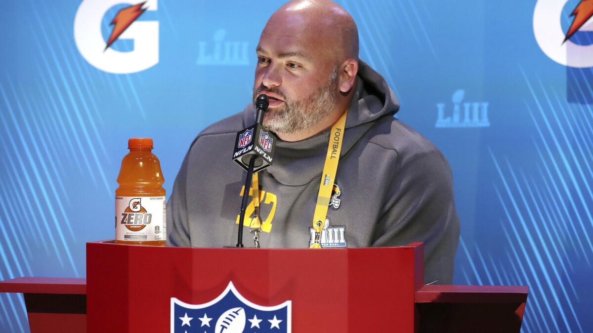 Rams tackle Andrew Whitworth answers questions during opening night for the Super Bowl 53 at State Farm Arena Monday in Atlanta. (AP Photo/Steve Luciano)