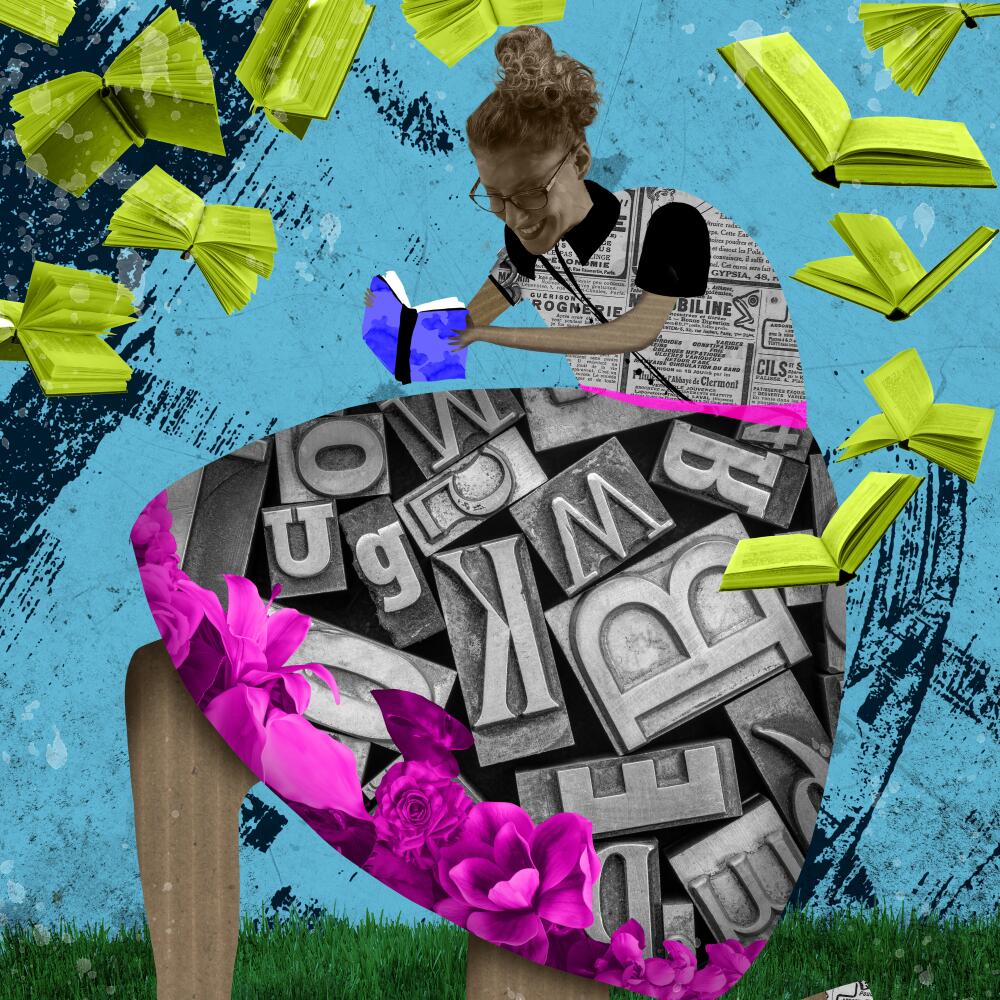 Collage of a woman reading, wearing a dress made of letters