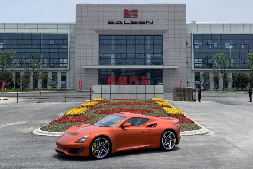 A Saleen-designed sports car is parked at the entrance to the Jiangsu Saleen manufacturing plant in Rugao, China.