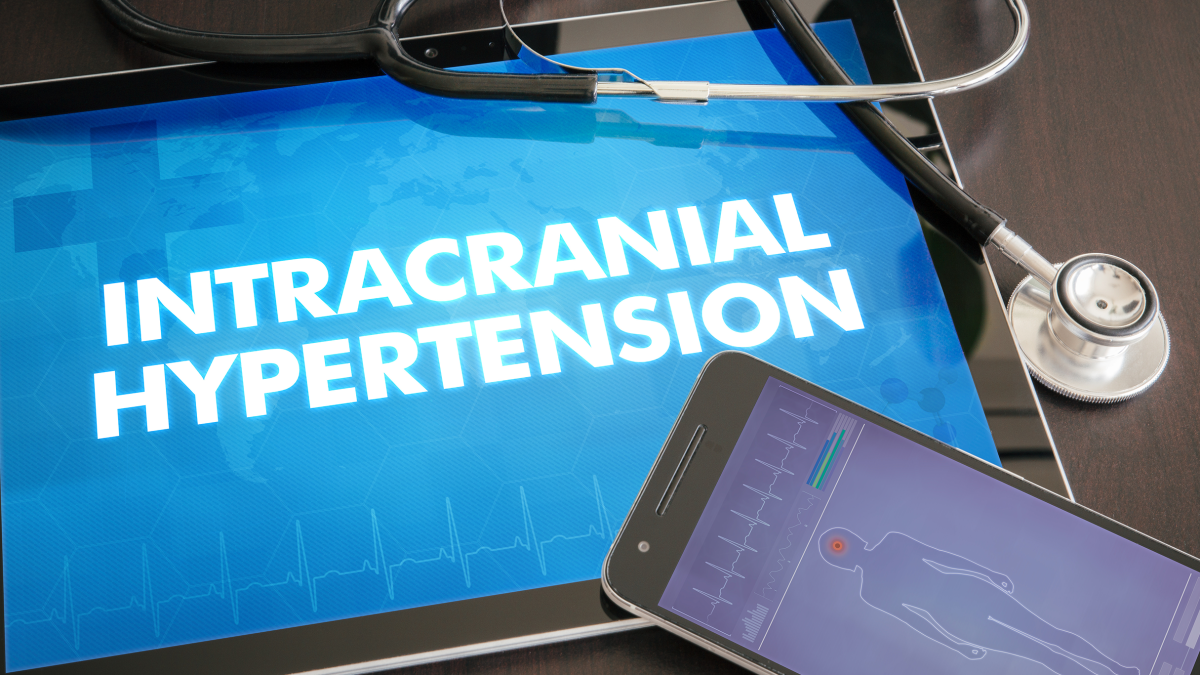 Intracranial hypertension (neurological disorder) diagnosis medical concept on tablet screen with stethoscope. Illustration.