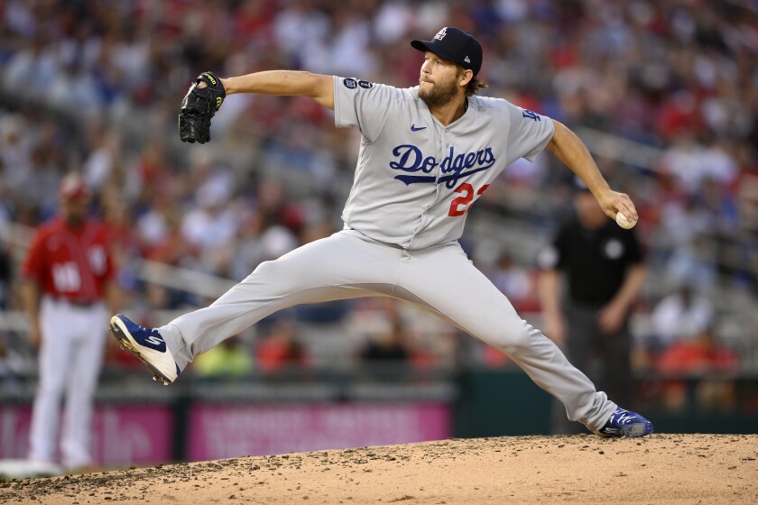 Dodgers pitcher Clayton Kershaw delivers against the Washington Nationals.