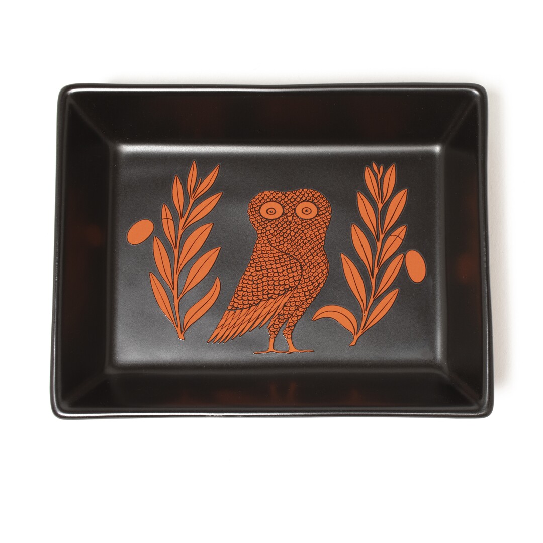 A black rectangular porcelain tray decorated with an owl and two branches