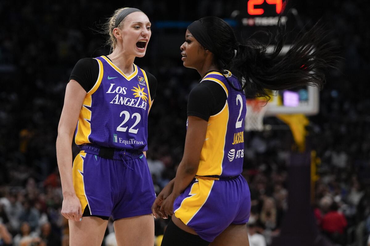 Sparks rookies Cameron Brink, left, and Rickea Jackson react against the Las Vegas Aces at Crypto.com Arena.