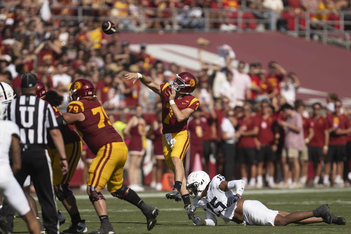 USC quarterback Miller Moss passes during a loss to Penn State at the Coliseum on Oct. 12.