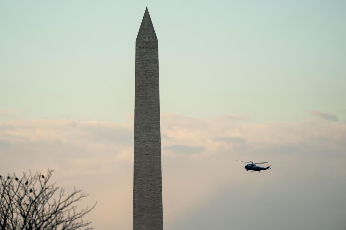 Then-President Trump departs Washington on Marine One before Joe Biden's inauguration on Jan. 20, 2021. 