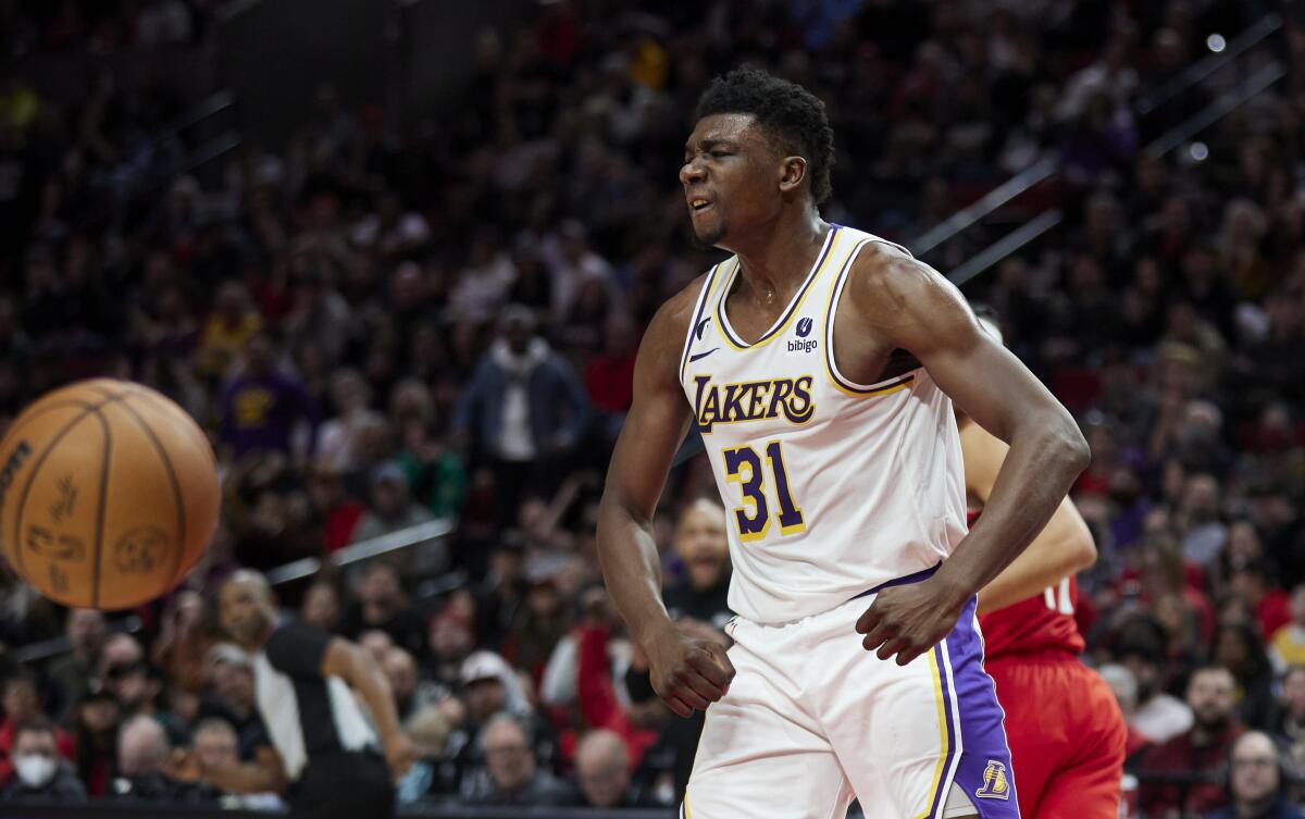 Lakers center Thomas Bryant reacts after scoring against the Portland Trail Blazers in the second half.