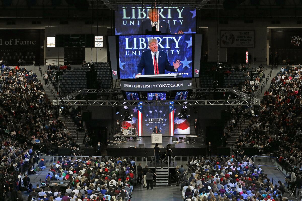 Donald Trump delivers the convocation at the campus of Liberty University in Lynchburg, Va. in Janury. The non-profit, private Christian university was founded in 1971 by evangelical Southern Baptist televangelist Jerry Falwell.