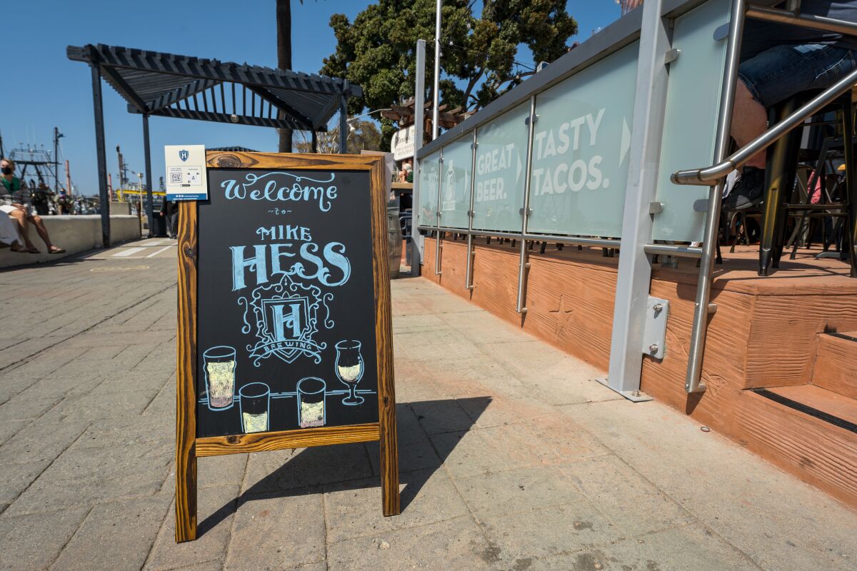 Signage outside of Mike Brewing of San Diego's Seaport Village location
