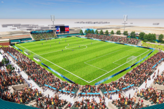 A rendering of a proposed soccer stadium at The Hangar, the former stadium of the Lancaster JetHawks.