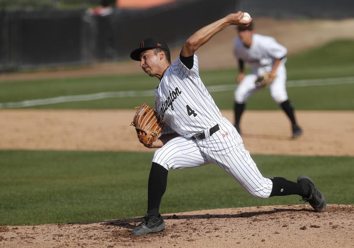 Huntington Beach High starter Edward Pelc pitches against JSerra during the second inning of a nonleague game on Tuesday.