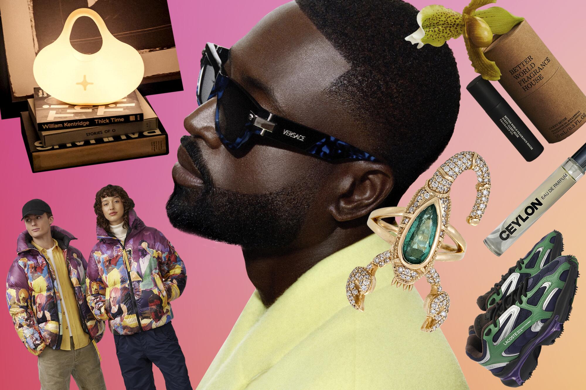 Photo illustration of a lamp, people in puffer jackets, a ring, sneakers, fragrances and Dwyane Wade in sunglasses.