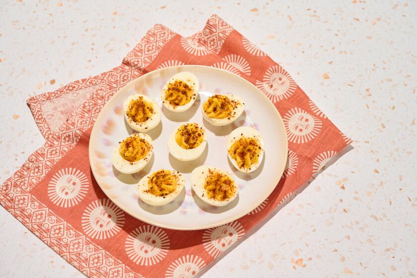 Deviled eggs, topped with the Los Angeles Times and Burlap and Barrel spice blend, California Heat, in the LA Times Test Kitchen on Wednesday, September 20, 2023 in El Segundo, CA. (Rebecca Peloquin / For The Times)