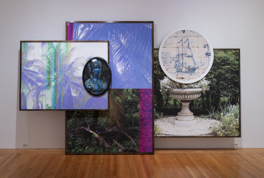 By Todd Gray: five photographs in frames that have been collaged together show images of gardens, statuary and a ship