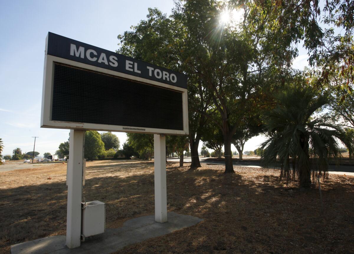 Signs at the old El Toro Marine Base in Irvine are seen in 2012.