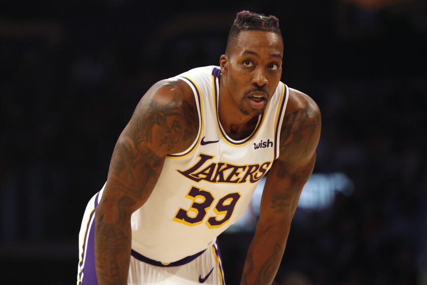 Dwight Howard #39 of the Los Angeles Lakers looks on during a game.