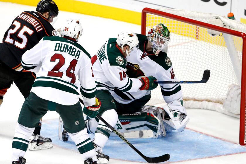Ducks center Mike Santorelli (25) scores against the Wild during a win on Oct. 18 in Anaheim.