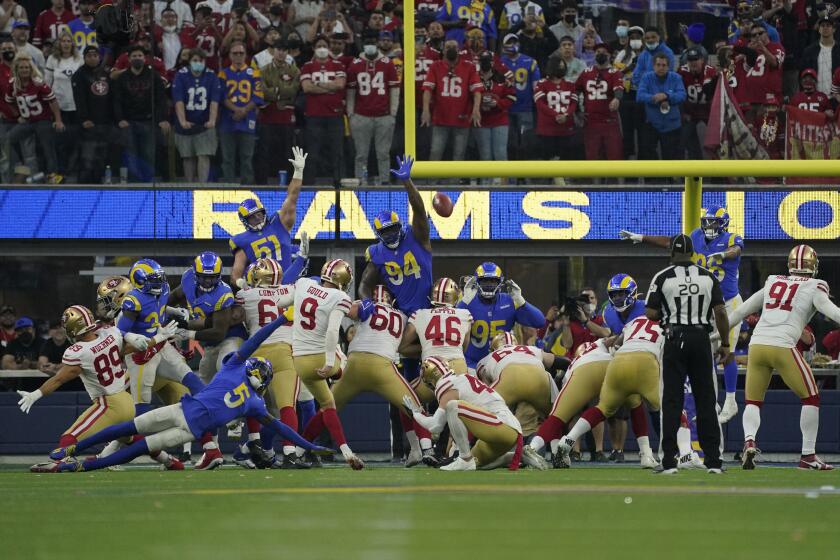 San Francisco 49ers kicker Robbie Gould (9) kicks a field goal during overtime of an NFL football game against the Los Angeles Rams Sunday, Jan. 9, 2022, in Inglewood, Calif. (AP Photo/Mark J. Terrill)
