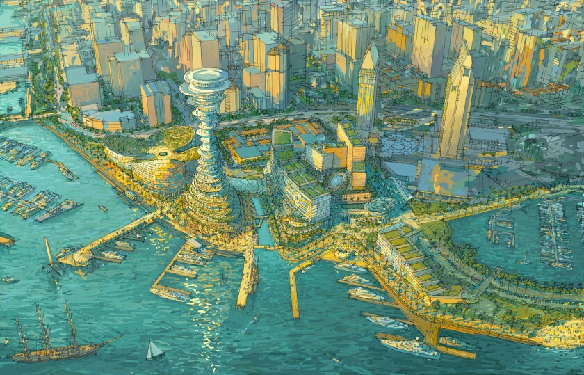 An illustration of the Seaport San Diego project with the proposed tower on the water's edge. Stretching 500 feet, the hourglass-shaped building is thick at the base, slim in the middle and wide again at the top.