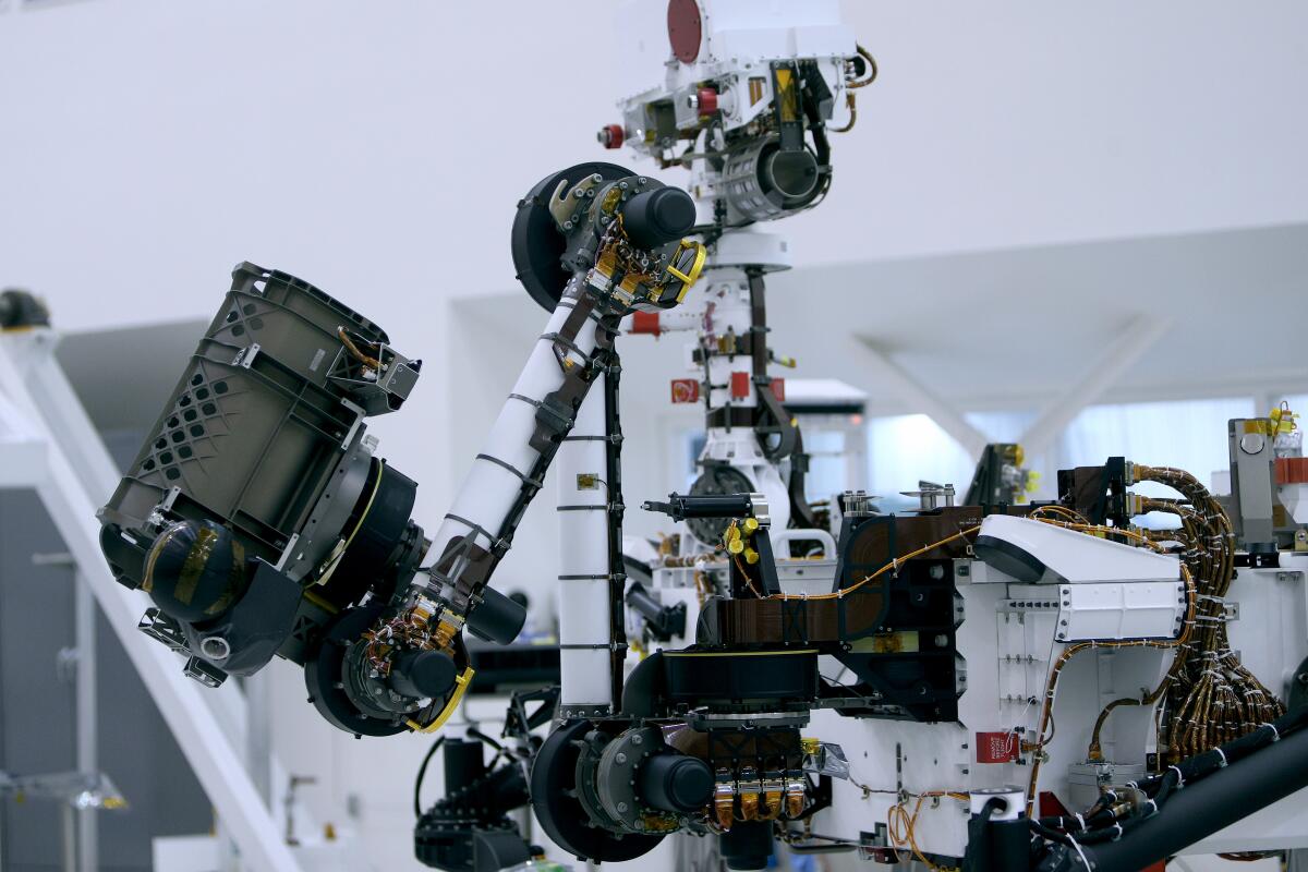 Detail of NASA's Mars 2020 rover at the Jet Propulsion Laboratory Spacecraft Assembly Facility clean room