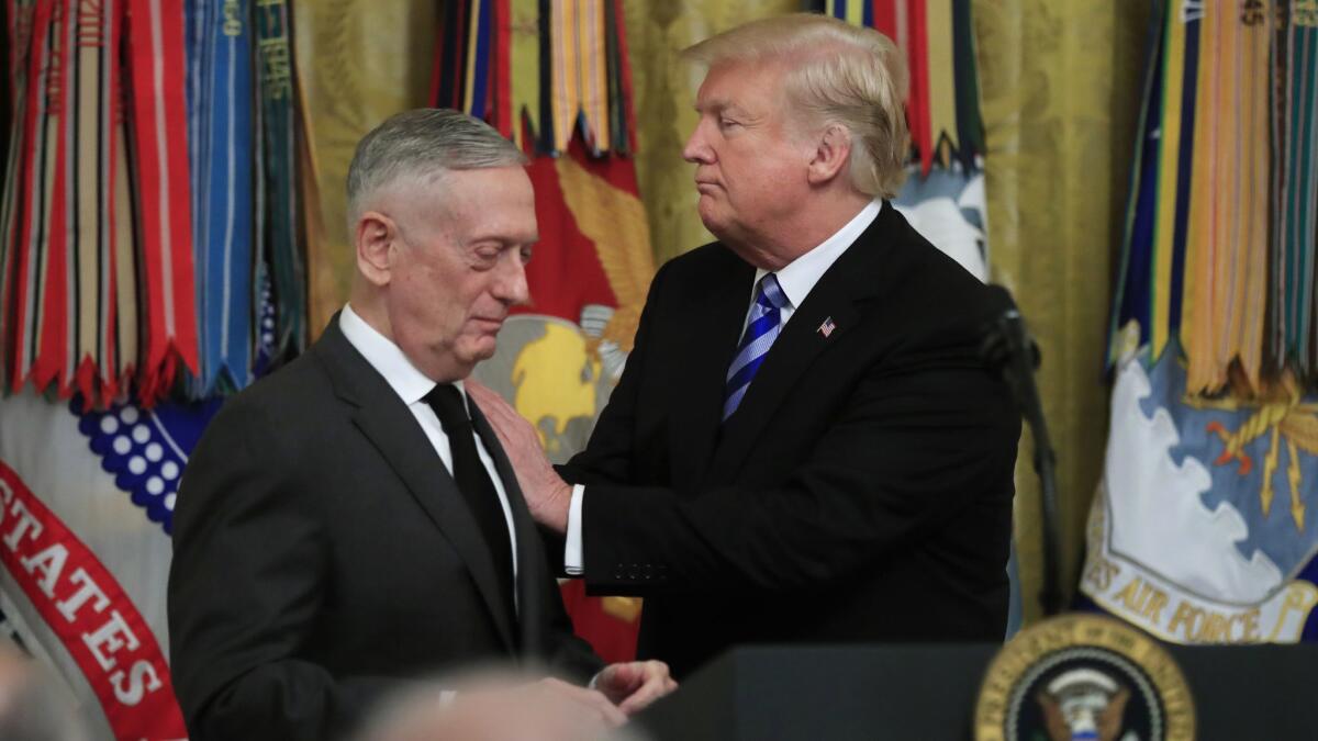 President Trump acknowledges Defense Secretary James N. Mattis during an Oct. 25 White House reception commemorating the 35th anniversary of the attack on the Beirut barracks.