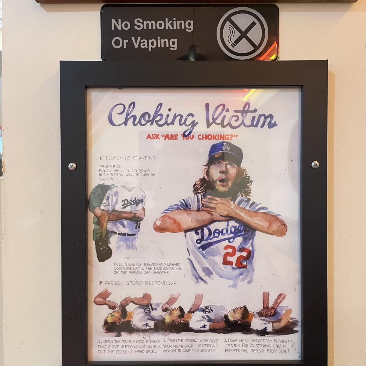 A first aid poster depicting Dodgers pitcher Clayton Kershaw as a suffocation victim.