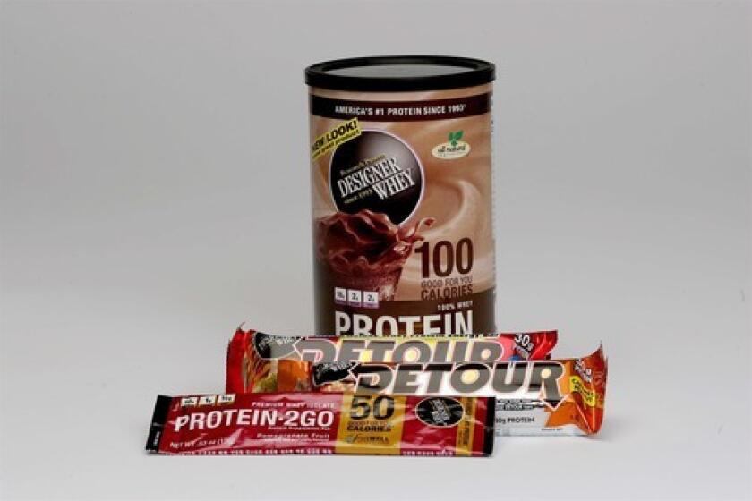 PROTEIN: Products with whey protein made by Designer Whey include powder drink mix, Detour bars and Protein to Go.