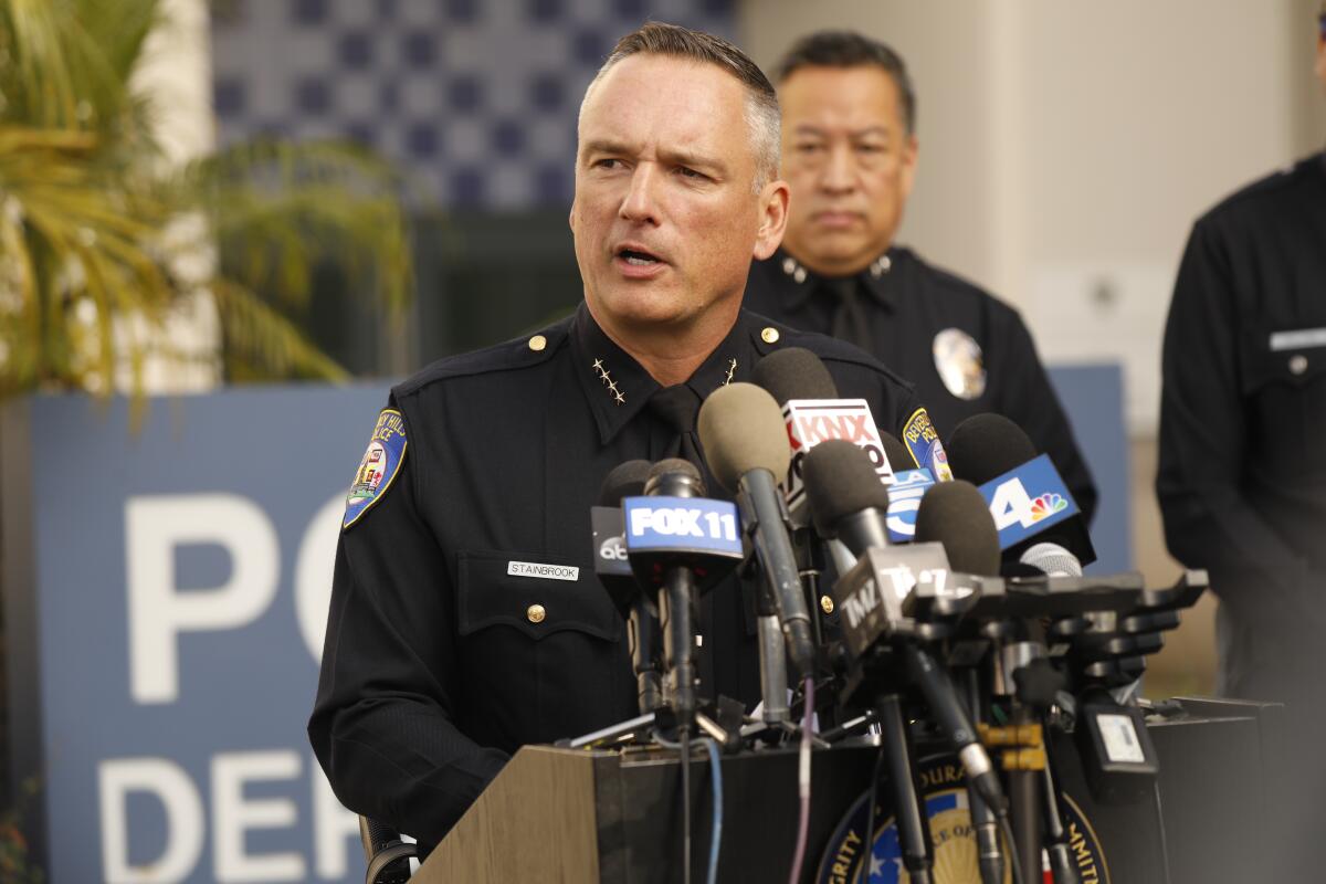 Beverly Hills police Chief Mark Stainbrook announces the arrest of Aariel Maynor.