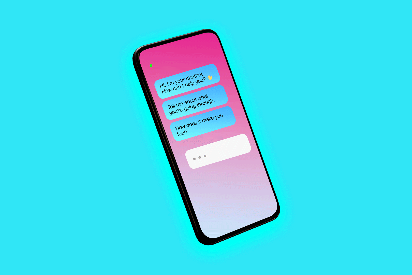 Illustration of a phone screen with messages from a chatbot therapist. "Tell me about what you're going through."