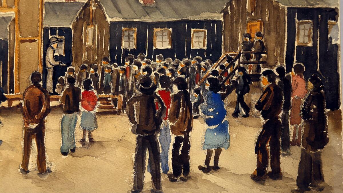 The Japanese American National Museum will offer free admission Saturday. Pictured here: Detail of artwork by Esthelle Ishigo that depicts the Japanese interment camp at Heart Mountain, Wyo., in 1942.