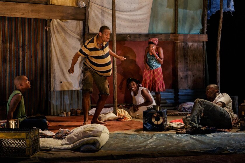 Clinton Roane, Reggie D. White, Brittany Bellizeare, Jasmine St. Clair and Andy Lucien in La Jolla Playhouse’s world premiere of ‘The Last Tiger in Haiti,’ by Jeff Augustin, directed by Joshua Kahan Brody.