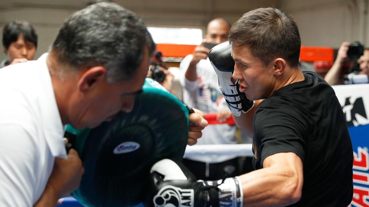 Gennady Golovkin works out with trainer Abel Sanchez at the Wild Card Boxing Club in Santa Monica on Feb. 8.
