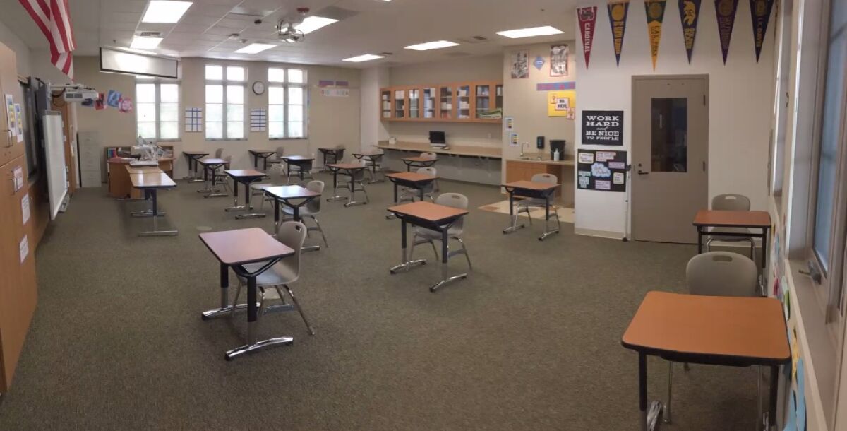 A R. Roger Rowe middle school classroom with distancing in place.